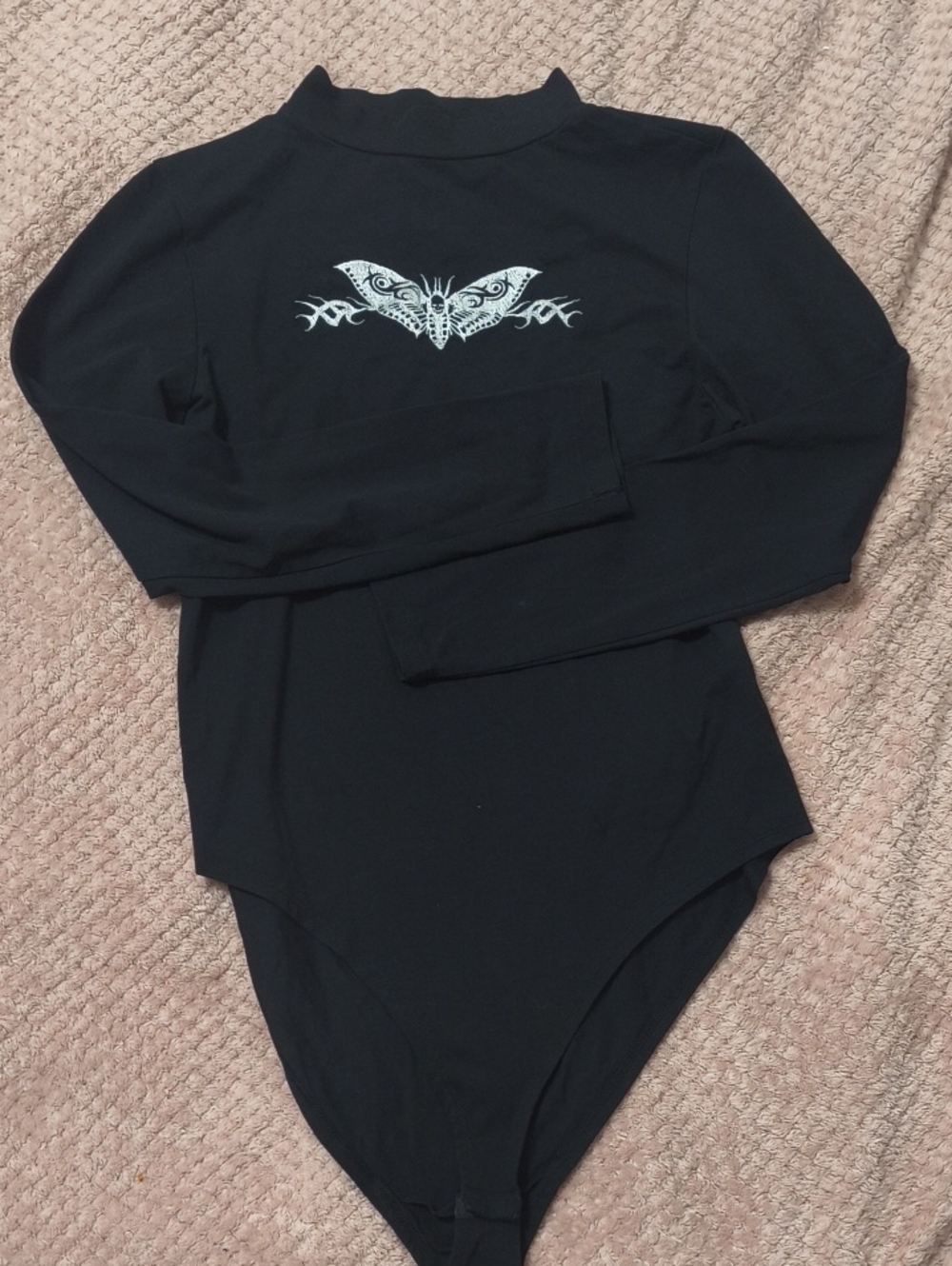 Disturbia Black Long-Sleeve Graphic Bodysuit with Silver Moth